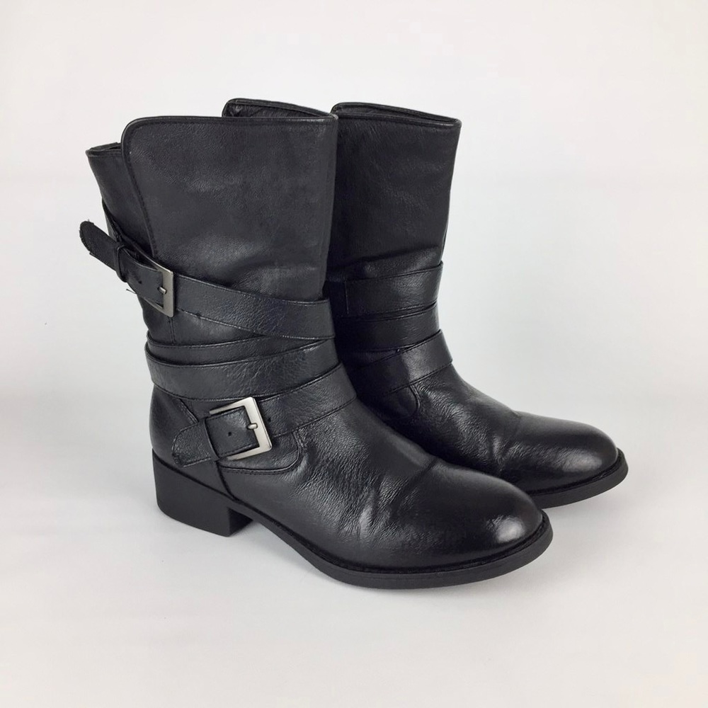 Steve Madden Ellle Black Leather Moto Combat Buckle Boots size 8